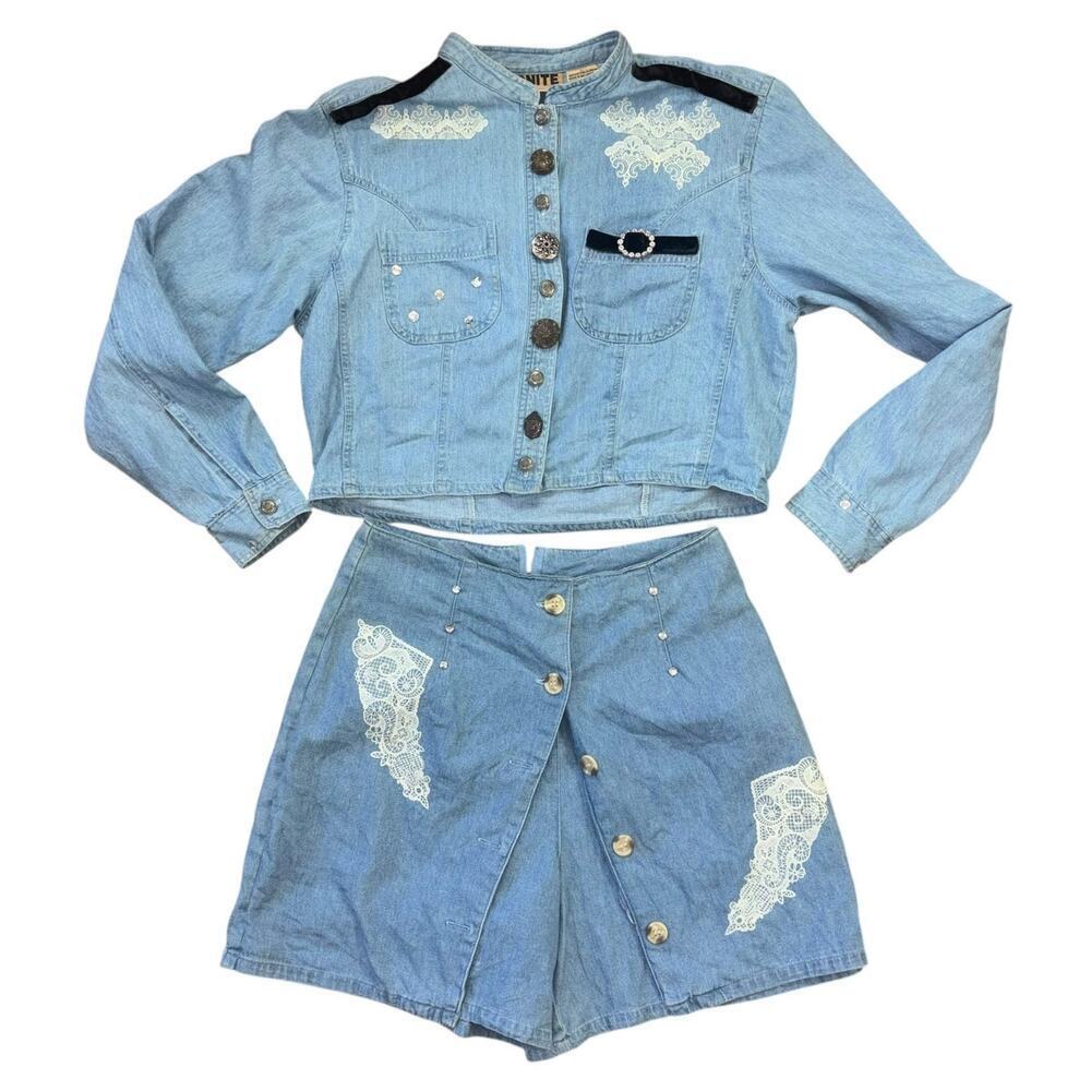 Vintage Double Denim Cowgirl Western Skort Set Women’s Sz S - M Castal Cowgirl